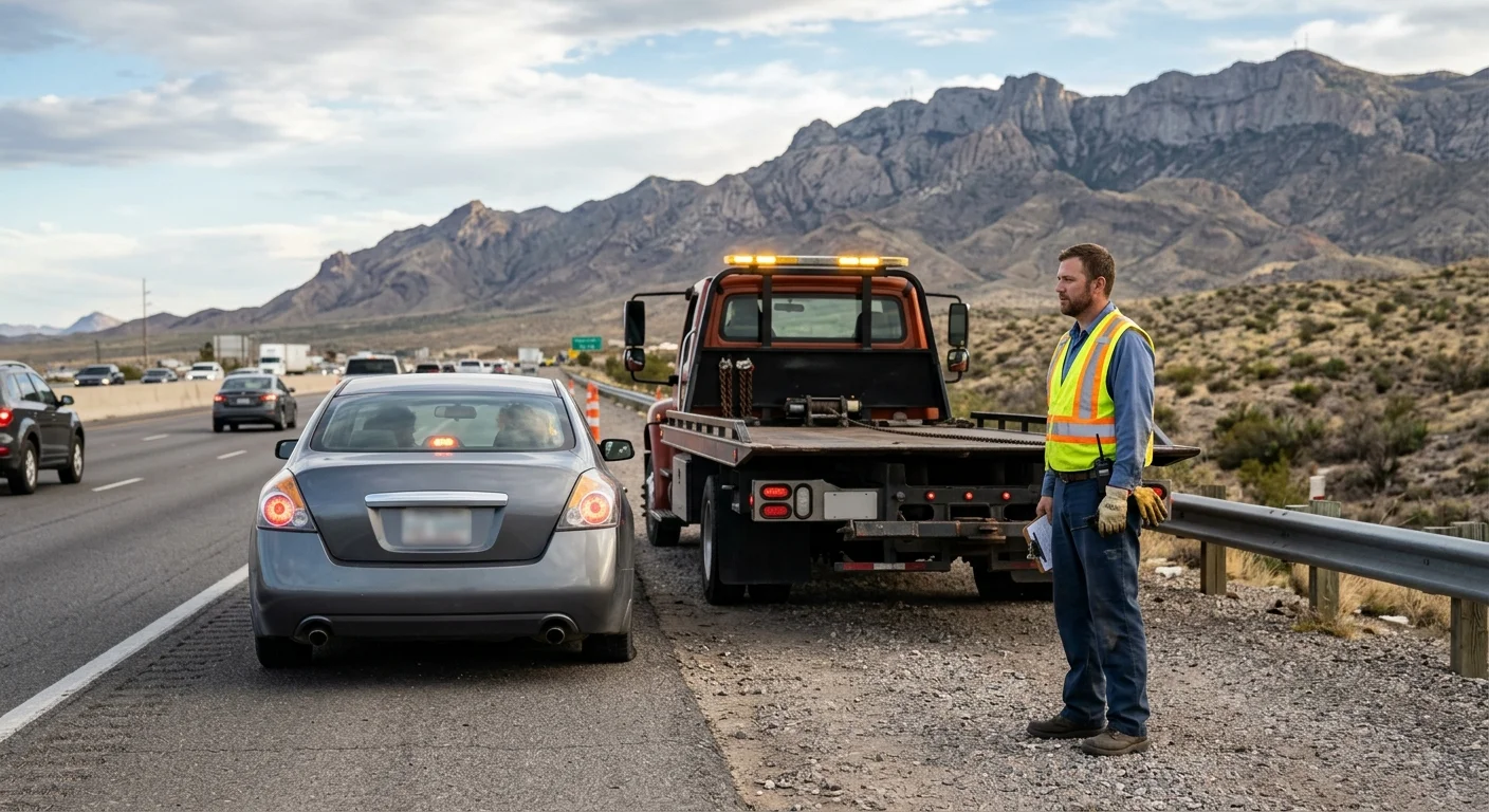 An, driver waiting in a safe visible location, Franklin Mountains in the distance