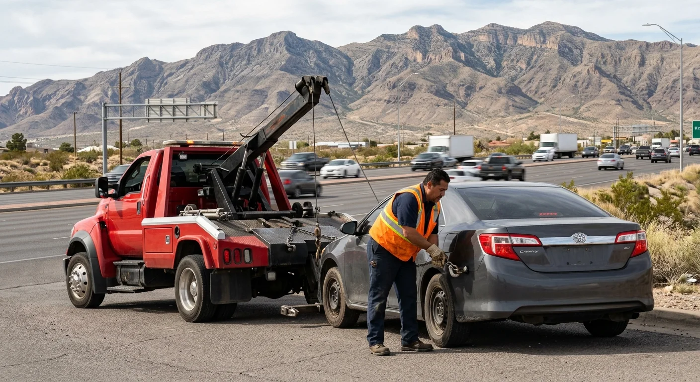 A disabled car on a Northeast El Paso arterial road with the Franklin Mountains rising behind it