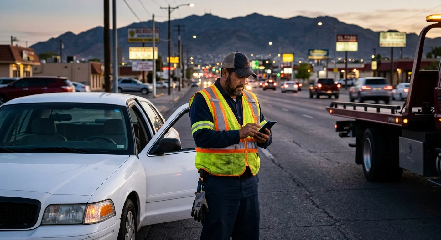 A driver reading a phone screen beside a stopped car on an El Paso street at dusk