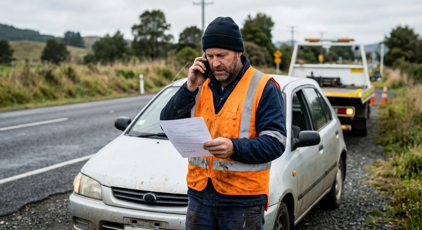 A driver checking an unreadable auto insurance document by phone beside a disabled car