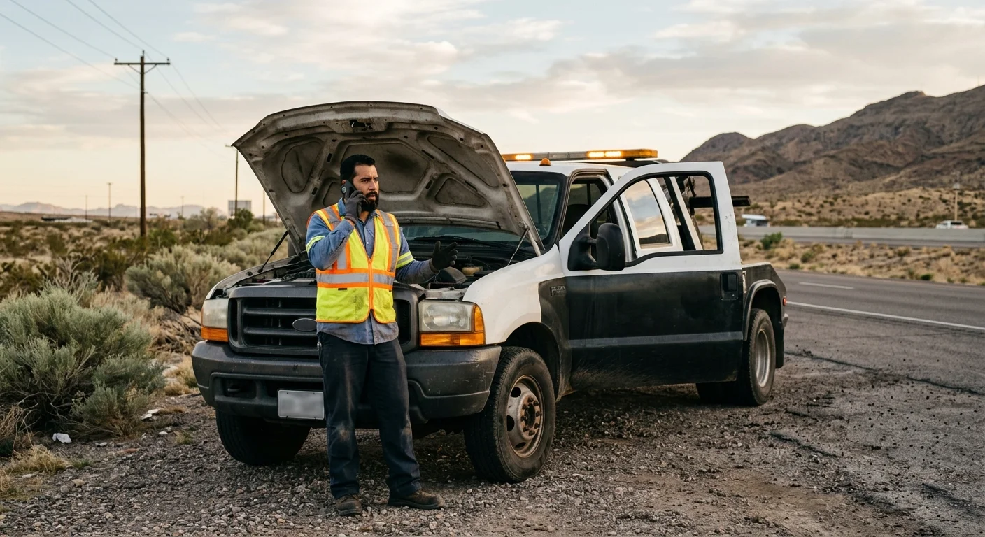A disabled work truck in East El Paso, driver calling for towing help from beside the vehicle