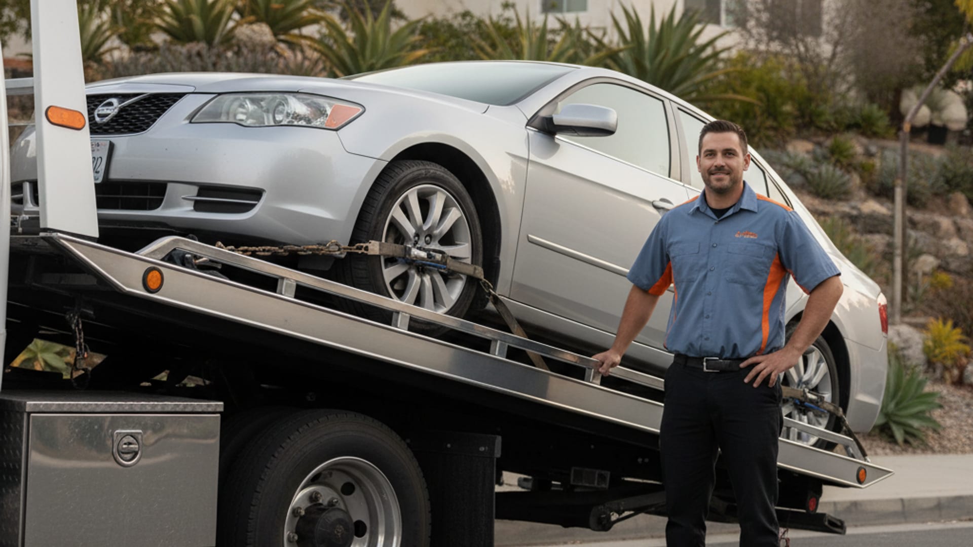 Quick Tow El Paso flatbed driver loading a disabled vehicle on an El Paso street at golden hour
