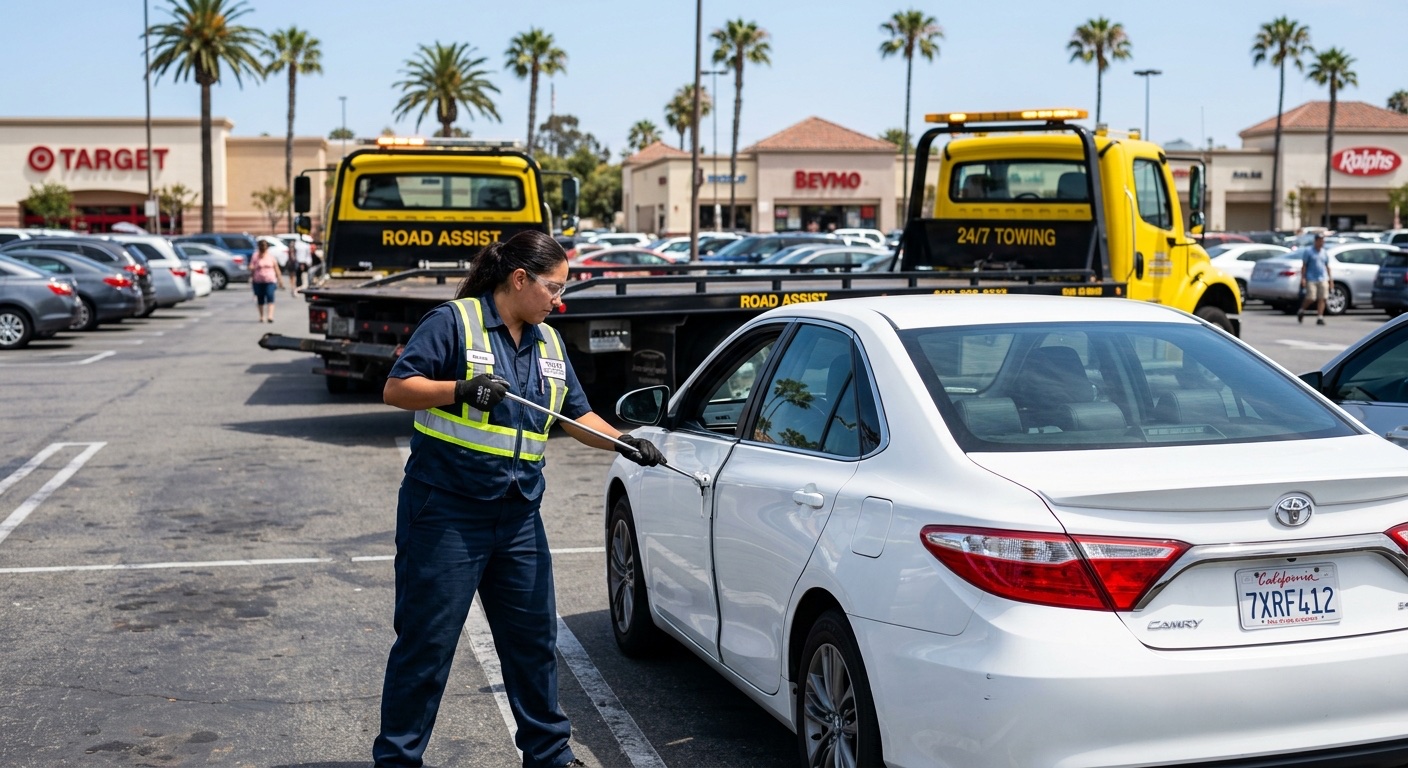 Quick Tow El Paso driver using a long-reach lockout tool to unlock a sedan in an El Paso shopping center parking lot