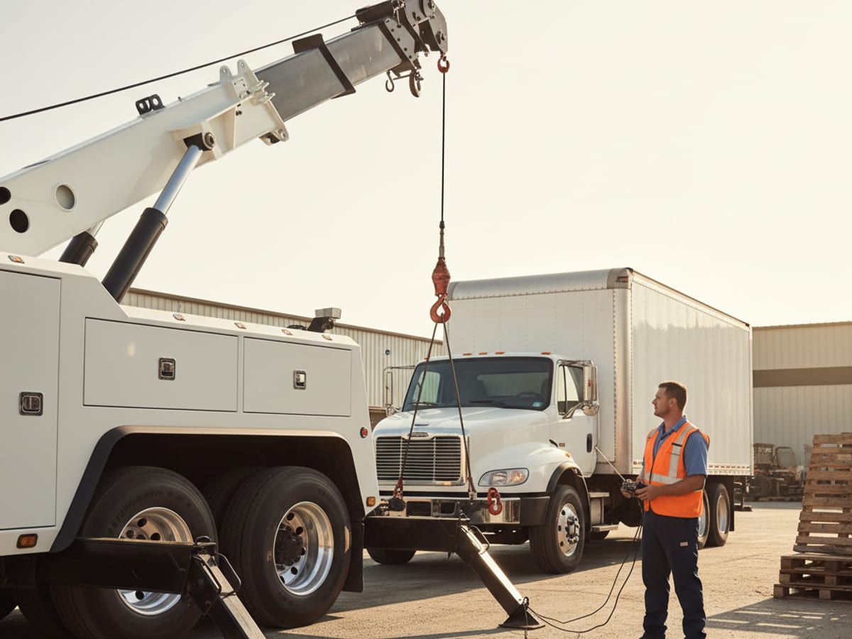 Quick Tow El Paso Class 7 heavy wrecker hooking a commercial box truck on an El Paso industrial lot