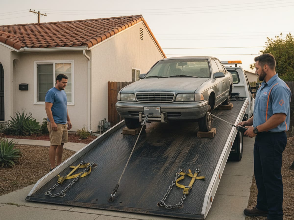 Quick Tow El Paso flatbed loading a non-running sedan from an El Paso residential side yard