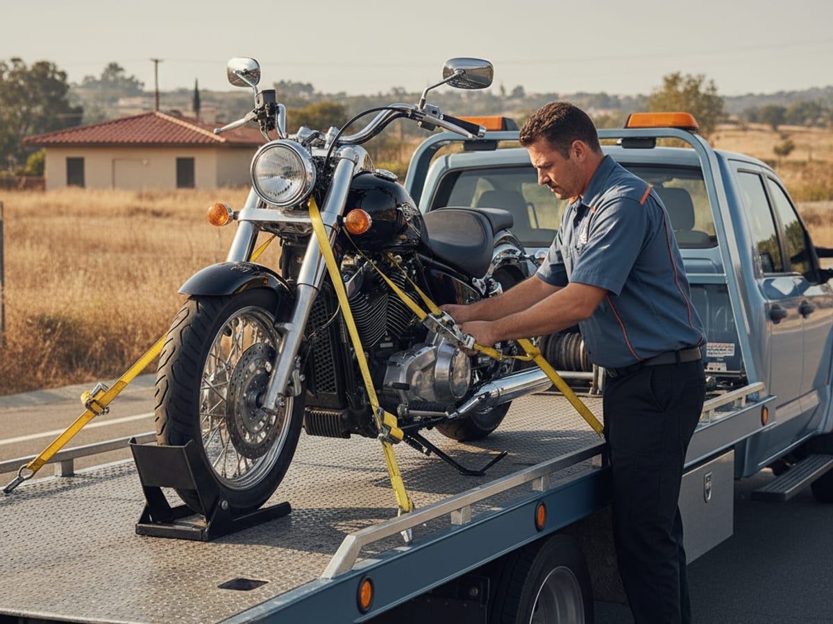 Quick Tow El Paso driver securing a Harley-Davidson cruiser on a low-deck flatbed with soft straps